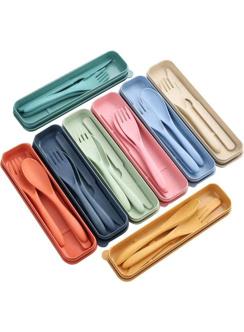 8 Colors Reusable Portable Wheat Straw Cutlery, Travel Utensils Flatware Sets with Case Storage Box, Spoon Knife Fork Tableware Sets, for Lunch Boxes Kids Adult Picnic Camping Outdoor Home Office - Image 1